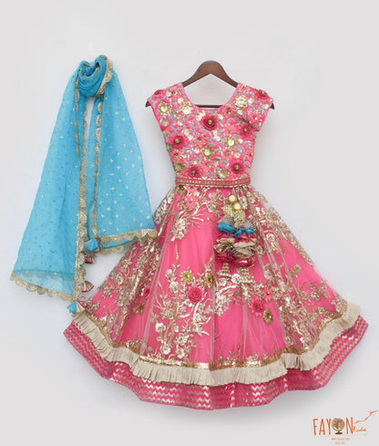 Fayon Kids Pink Lehenga Choli and Blue Dupatta for Girls