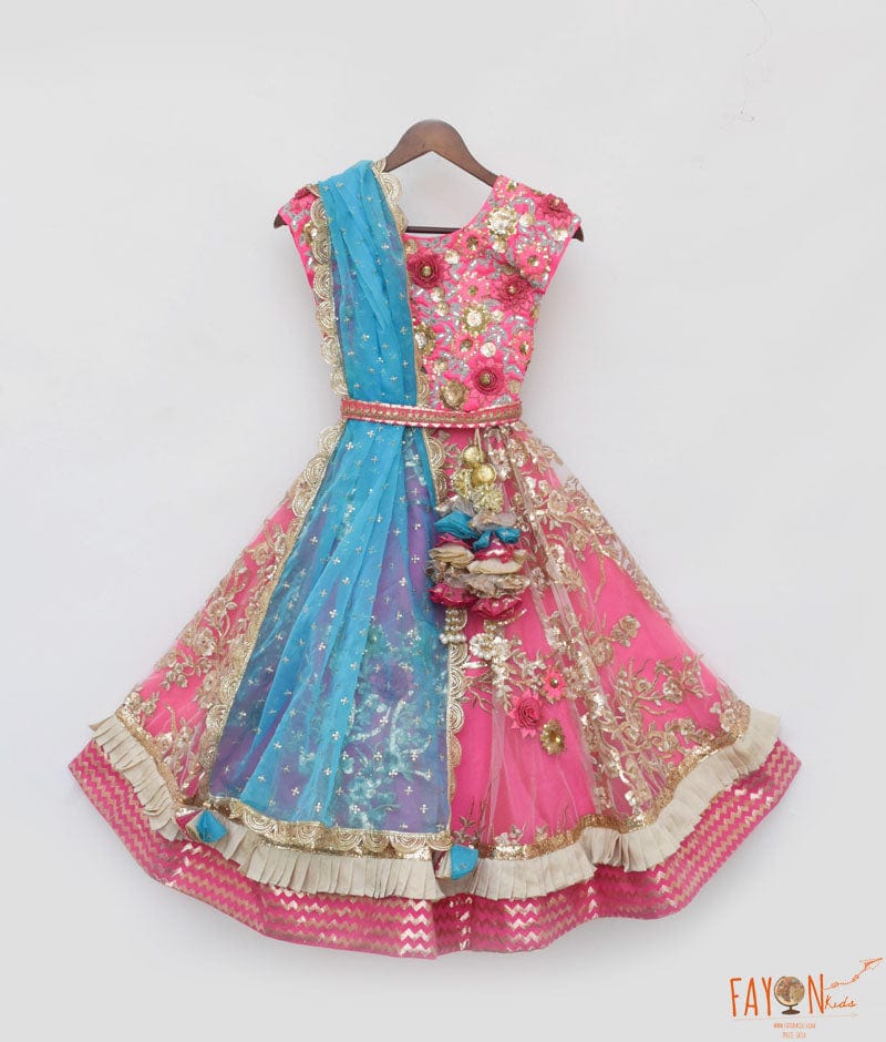 Pink Lehenga Choli and Blue Dupatta for Girls
