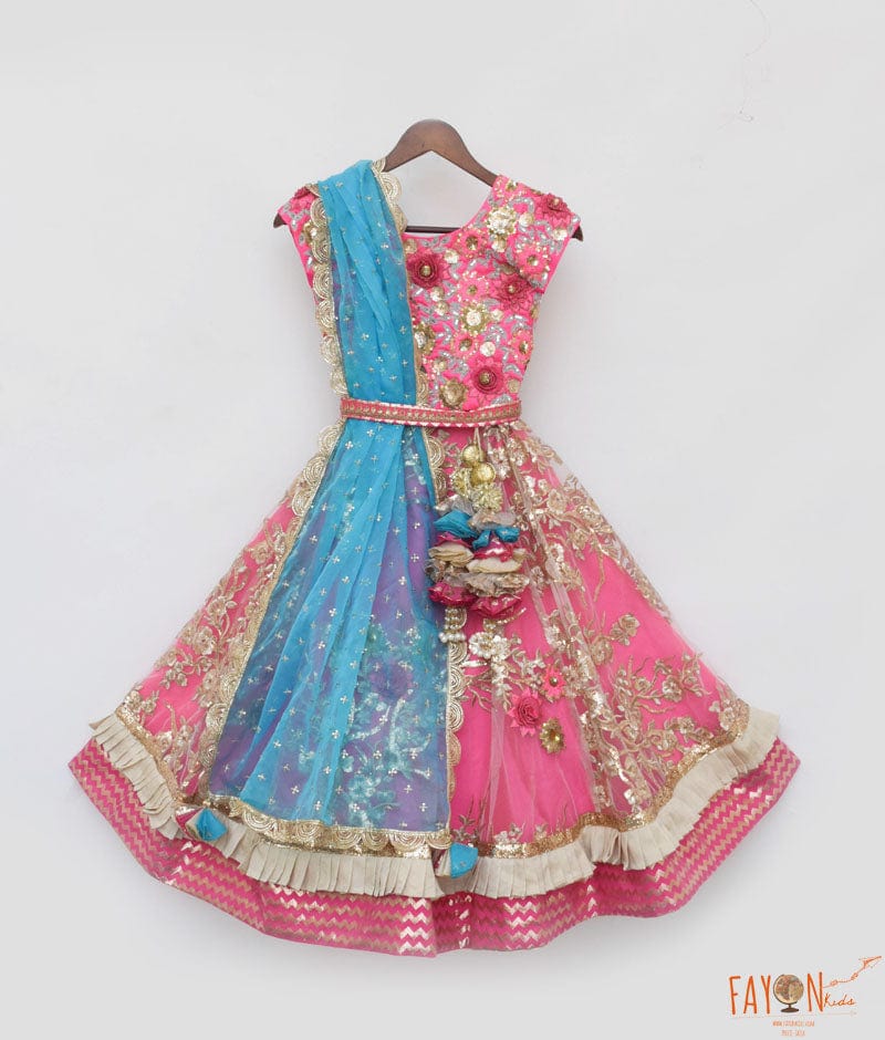 Fayon Kids Pink Lehenga Choli and Blue Dupatta for Girls