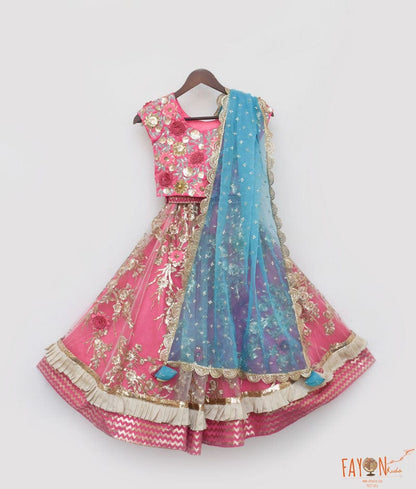 Fayon Kids Pink Lehenga Choli and Blue Dupatta for Girls