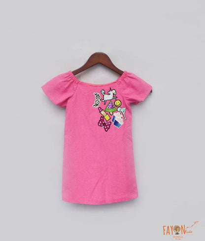 Fayon Kids Pink Linen Dress with Funky Embroidery for Girls