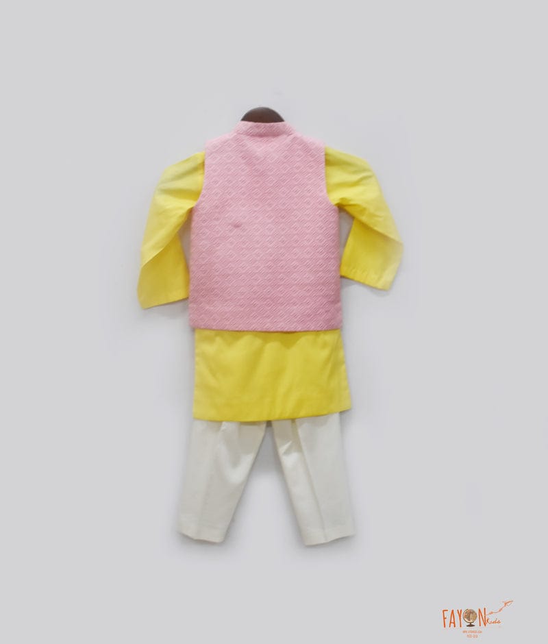Pink Luchnowi Nehru Jacket with Yellow Kurta Pant for Boys