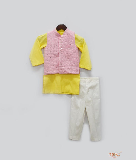 Pink Luchnowi Nehru Jacket with Yellow Kurta Pant for Boys