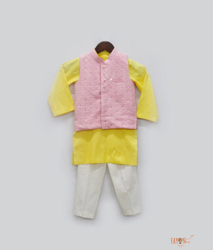 Fayon Kids Pink Luchnowi Nehru Jacket with Yellow Kurta Pant for Boys