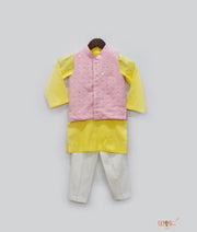 Pink Luchnowi Nehru Jacket with Yellow Kurta Pant for Boys