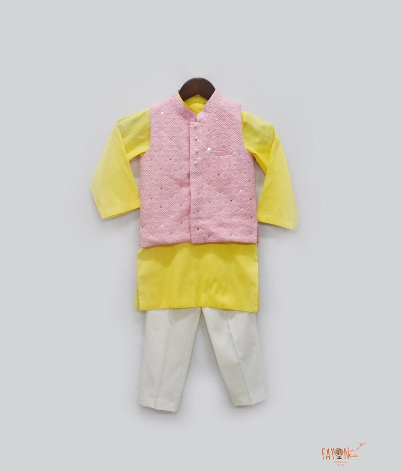 Pink Luchnowi Nehru Jacket with Yellow Kurta Pant for Boys