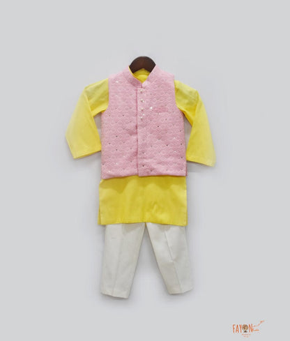 Pink Luchnowi Nehru Jacket with Yellow Kurta Pant for Boys