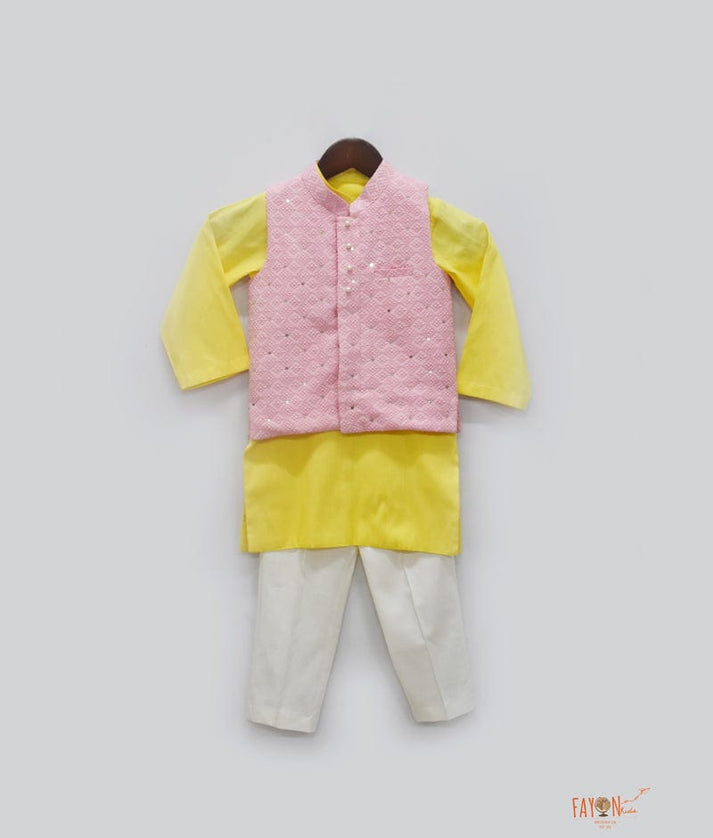 Pink Luchnowi Nehru Jacket with Yellow Kurta Pant for Boys
