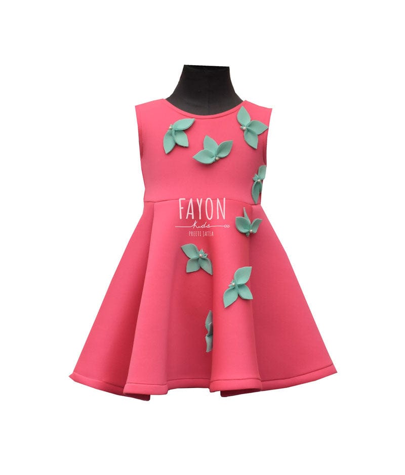Fayon Kids Pink Lycra Dress with Green Petals for Girls