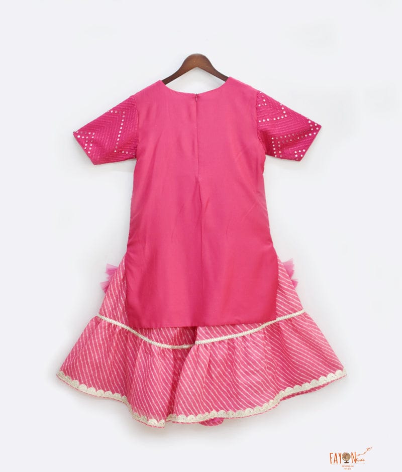 Fayon Kids Pink Mirror Work Pink Lehriya Sharara with Kurti for Girls