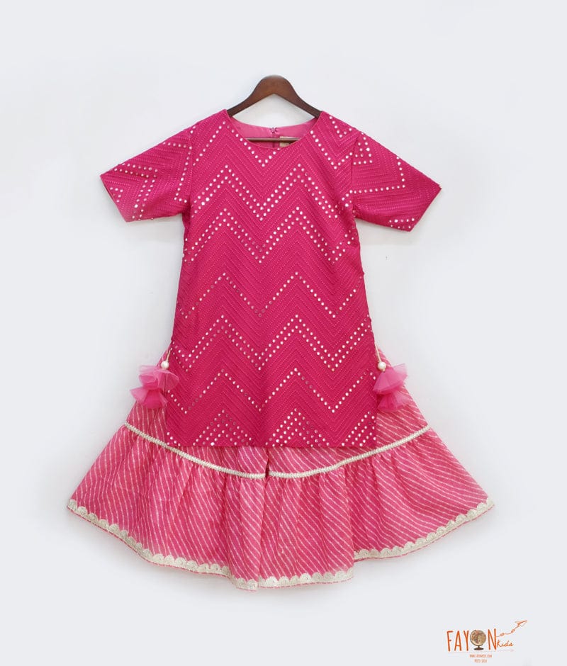 Fayon Kids Pink Mirror Work Pink Lehriya Sharara with Kurti for Girls