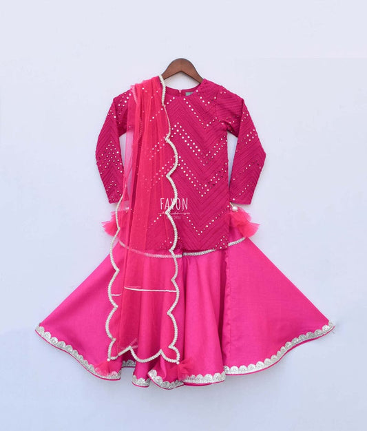 Fayon Kids Pink Mirror Work Pink Silk Sharara with Kurti Net Dupatta for Girls