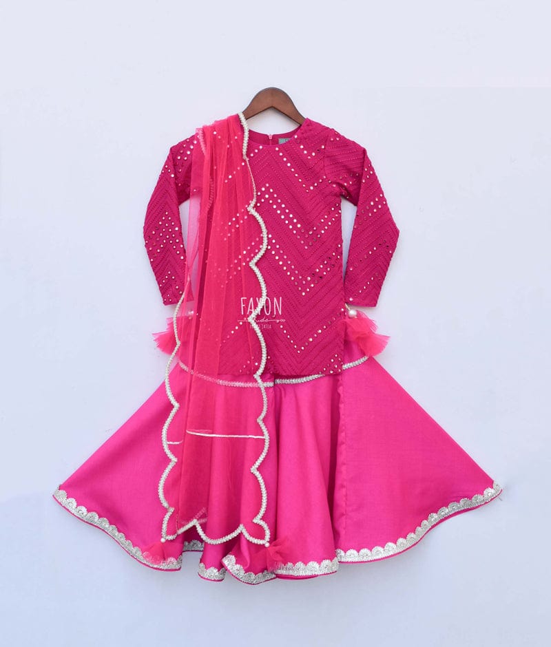 Pink Mirror Work Pink Silk Sharara with Kurti Net Dupatta for Girls