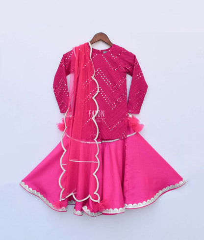 Pink Mirror Work Pink Silk Sharara with Kurti Net Dupatta for Girls