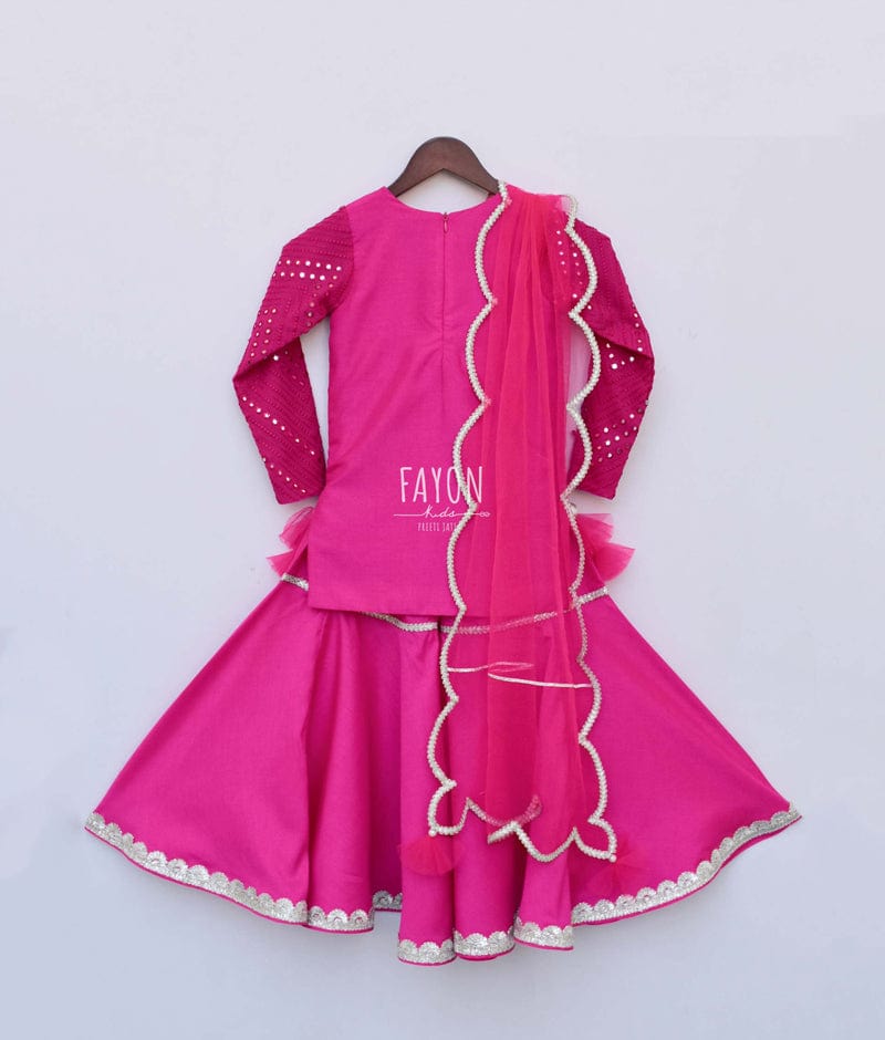 Fayon Kids Pink Mirror Work Pink Silk Sharara with Kurti Net Dupatta for Girls