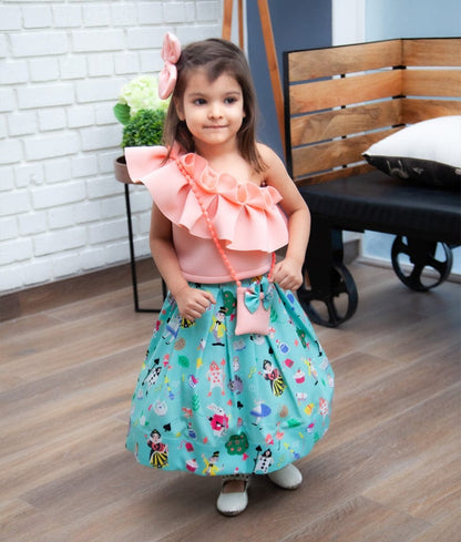 Fayon Kids Pink Neoprene Aqua Printed Crop Top with Skirt for Girls