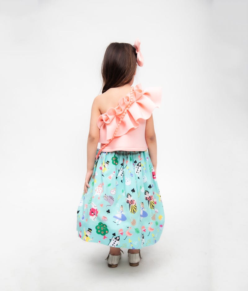 Fayon Kids Pink Neoprene Aqua Printed Crop Top with Skirt for Girls