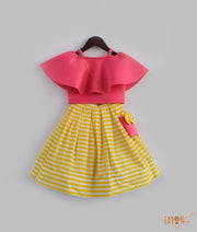 Pink Neoprene Yellow Stripe Printed Crop Top with Skirt for Girls