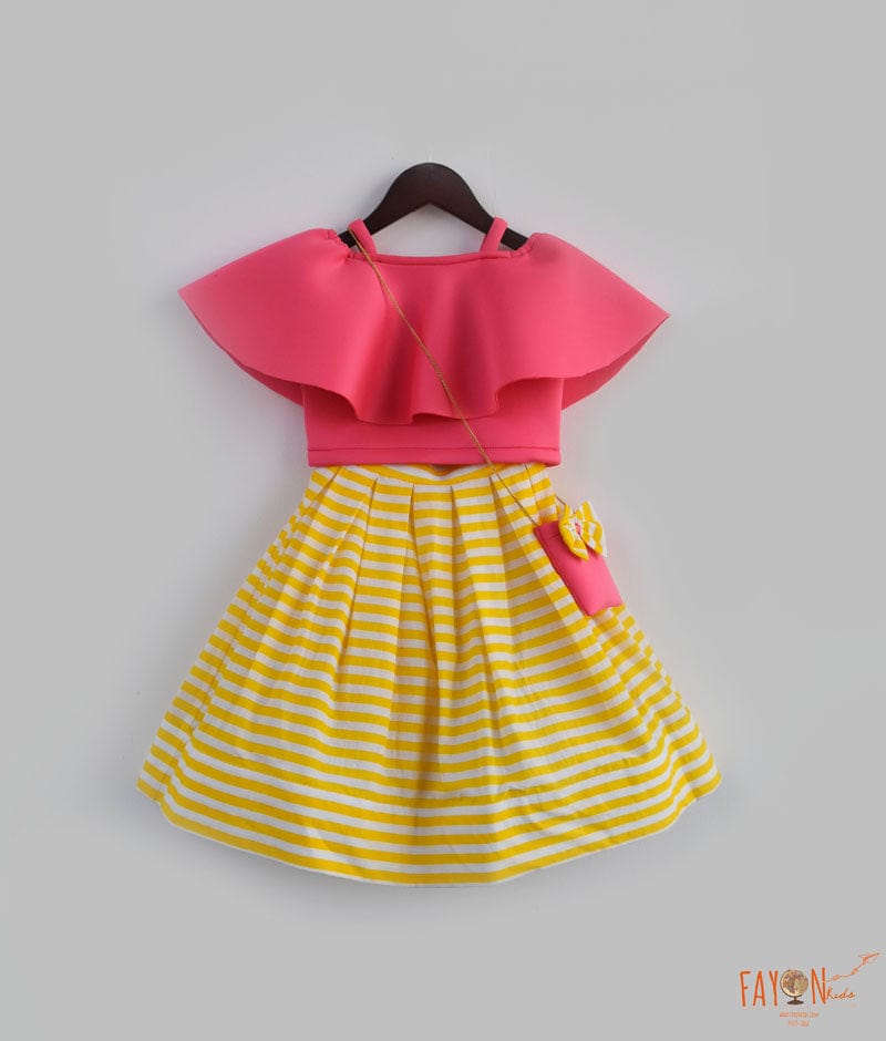 Pink Neoprene Yellow Stripe Printed Crop Top with Skirt for Girls