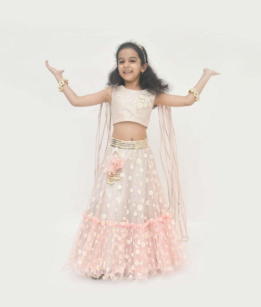 Fayon Kids Pink Net Printed Lehenga with Choli Drape Dupatta for Girls