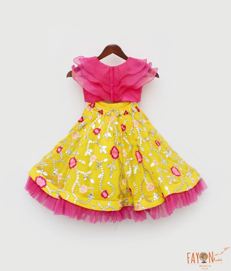 Fayon Kids Pink Organza Frill Top and Yellow Embroidery Lehenga for Girls