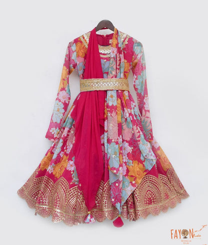 Fayon Kids Pink Printed Anarkali Georgette Dupatta for Girls