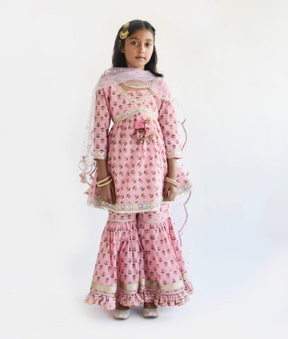 Fayon Kids Pink Printed Kurti Sharara Dupatta for Girls
