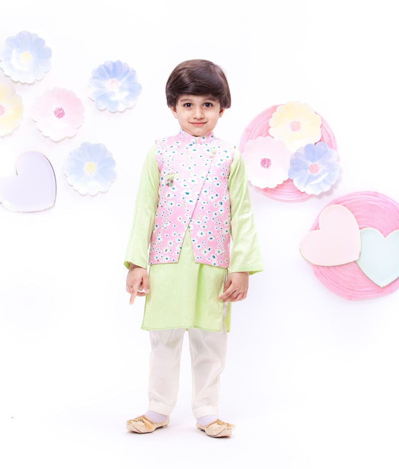 Pink Printed Nehru Jacket with Green Kurta Off-white Pant set for boys