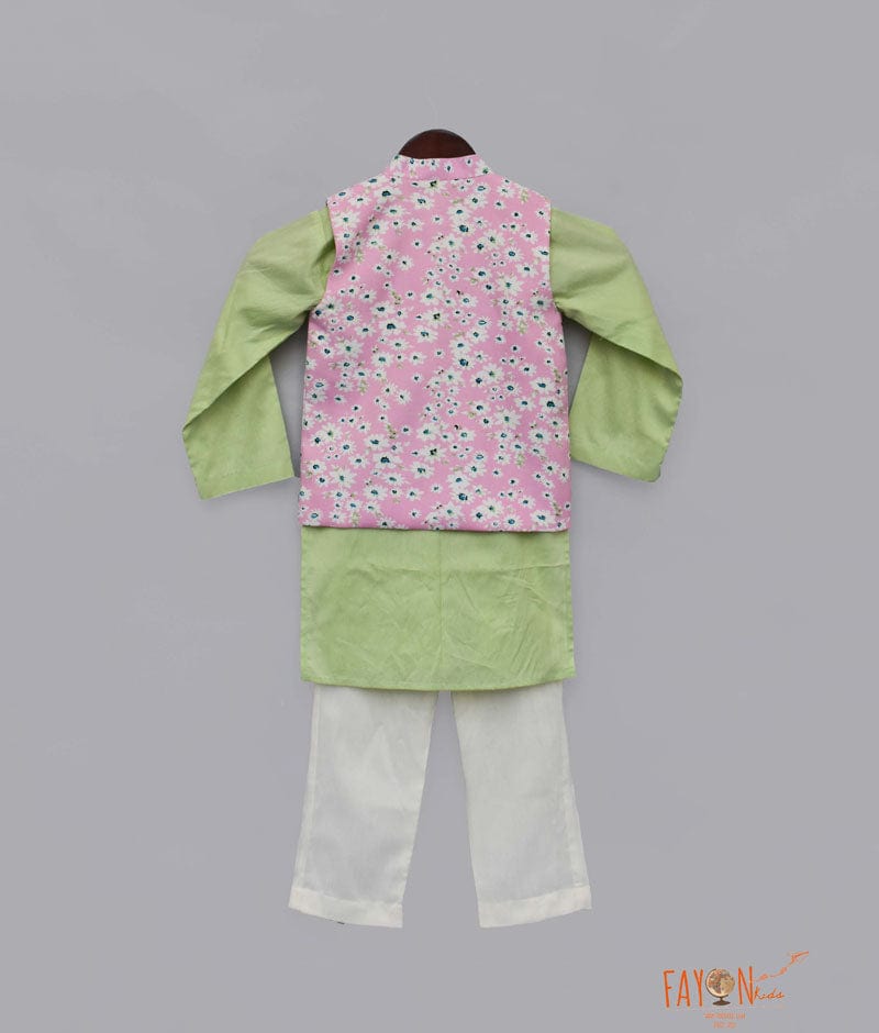 Pink Printed Nehru Jacket with Green Kurta Off-white Pant set for boys