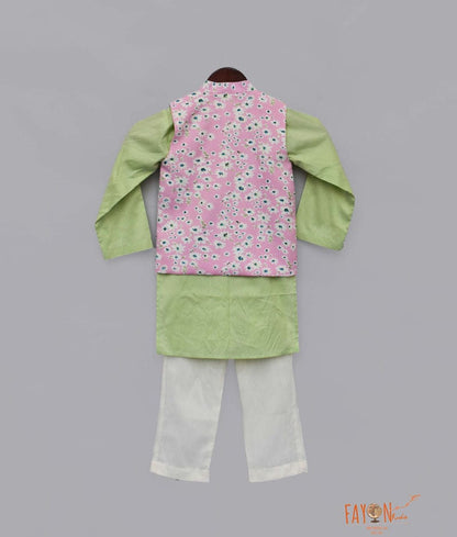 Pink Printed Nehru Jacket with Green Kurta Off-white Pant set for boys