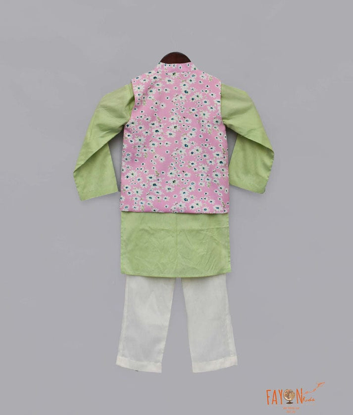 Pink Printed Nehru Jacket with Green Kurta Off-white Pant set for boys