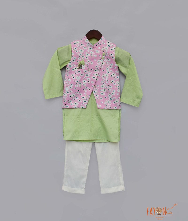 Pink Printed Nehru Jacket with Green Kurta Pant for Boys