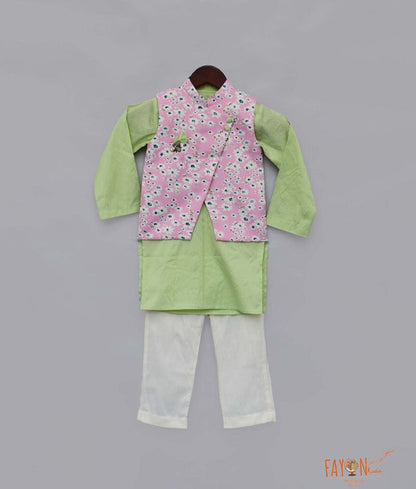 Pink Printed Nehru Jacket with Green Kurta Pant for Boys