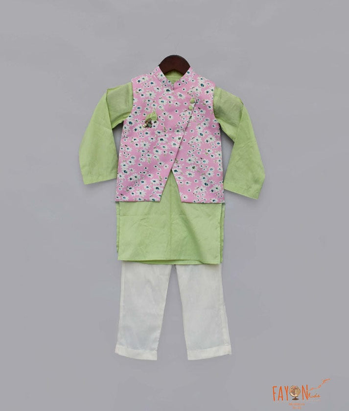 Pink Printed Nehru Jacket with Green Kurta Pant for Boys