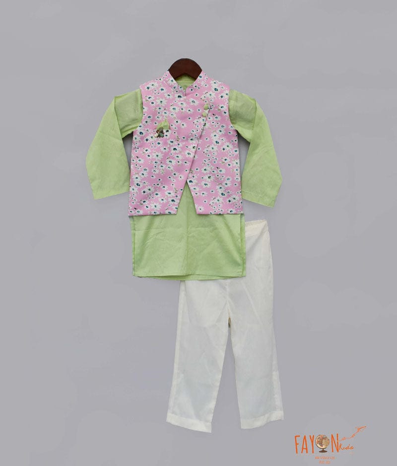 Pink Printed Nehru Jacket with Green Kurta Off-white Pant set for boys