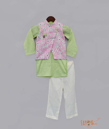 Pink Printed Nehru Jacket with Green Kurta Off-white Pant set for boys
