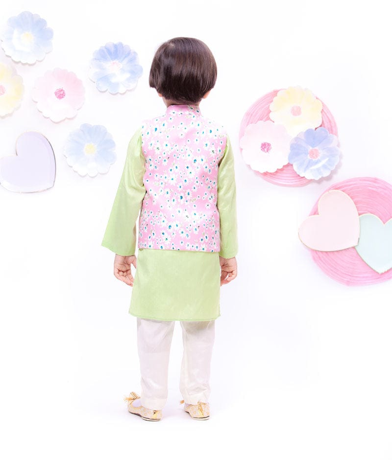 Pink Printed Nehru Jacket with Green Kurta Off-white Pant set for boys