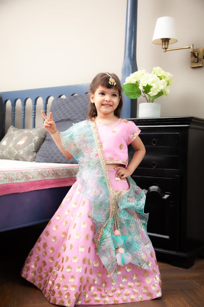 Fayon Kids Pink Sequins Flowers Booti Georgette Lehenga Choli with Dupatta Set for Girls