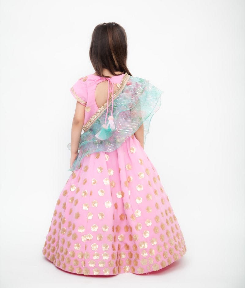 Fayon Kids Pink Sequins Georgette Lehenga with Choli Printed Organza Dupatta for Girls