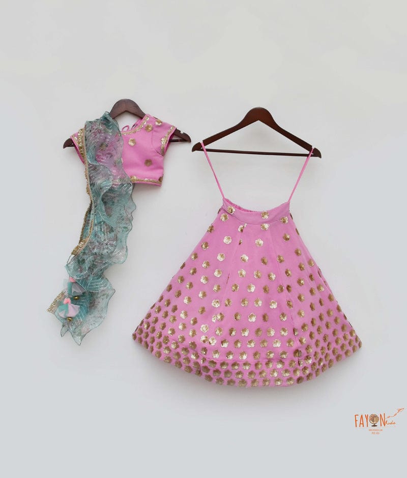 Fayon Kids Pink Sequins Georgette Lehenga with Choli Printed Organza Dupatta for Girls
