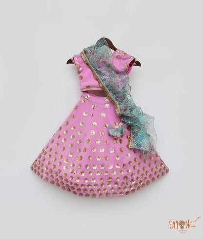 Fayon Kids Pink Sequins Georgette Lehenga with Choli Printed Organza Dupatta for Girls