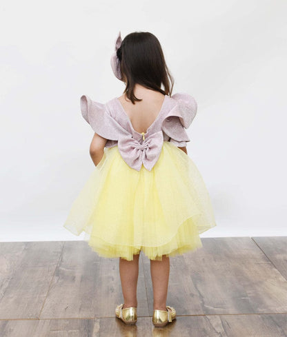 Fayon Kids Pink Shimmer Yellow Glitter Net Frock for Girls