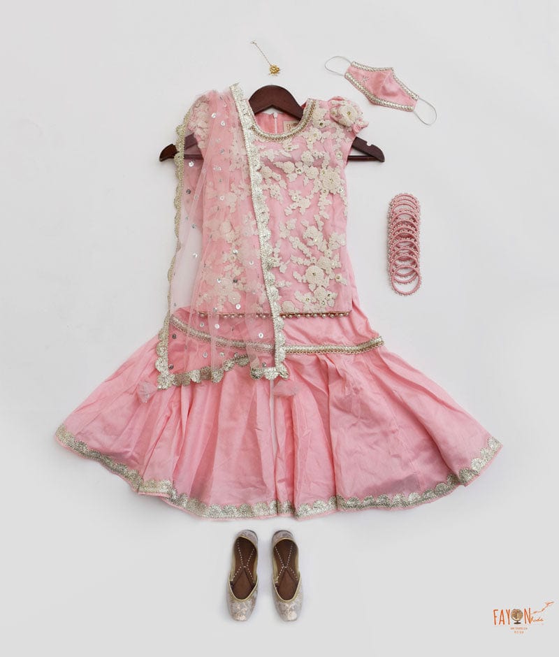 Fayon Kids Pink Silk Embroidery Kurti with Sharara Silver Boti Net Dupatta for Girls