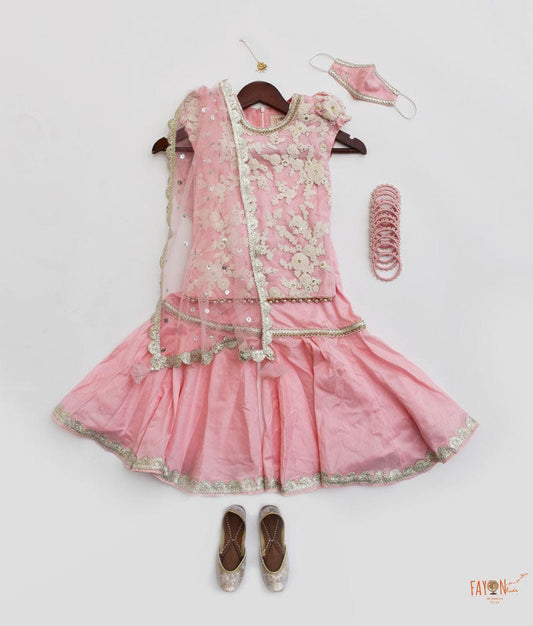 Fayon Kids Pink Silk Embroidery Kurti with Sharara Silver Boti Net Dupatta for Girls