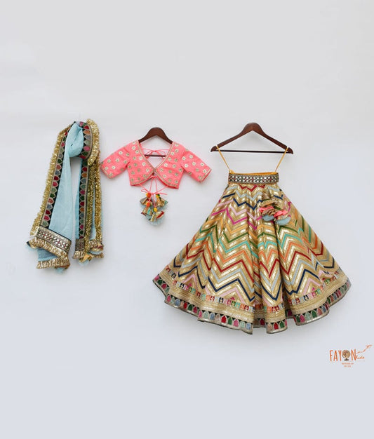 Fayon Kids Pink Silk Embroidery Lehenga with Choli Organza Dupatta for Girls
