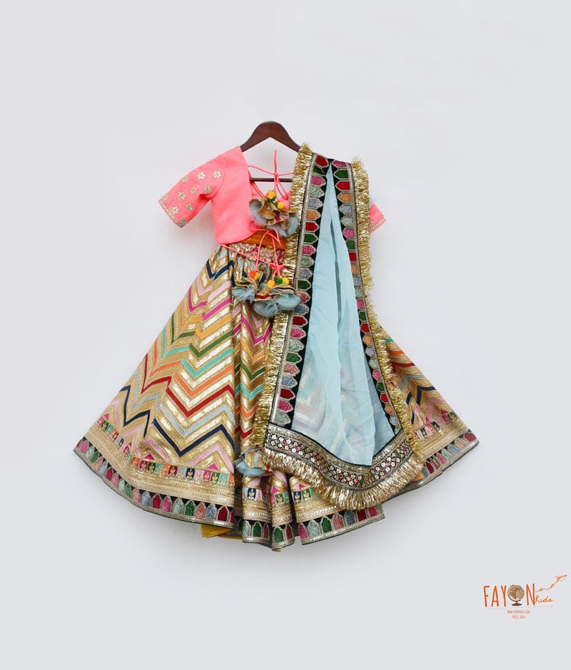 Fayon Kids Pink Silk Embroidery Lehenga with Choli Organza Dupatta for Girls