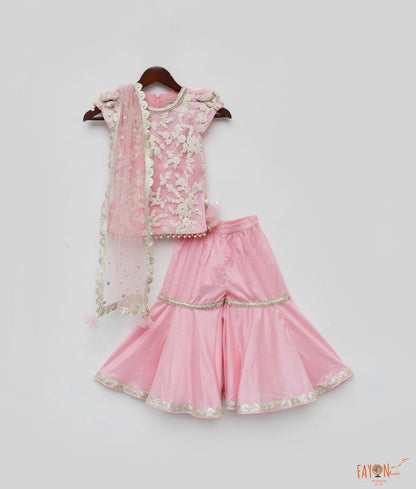 Pink Silk Embroidery Sharara with Kurti Boti Net Dupatta for Girls