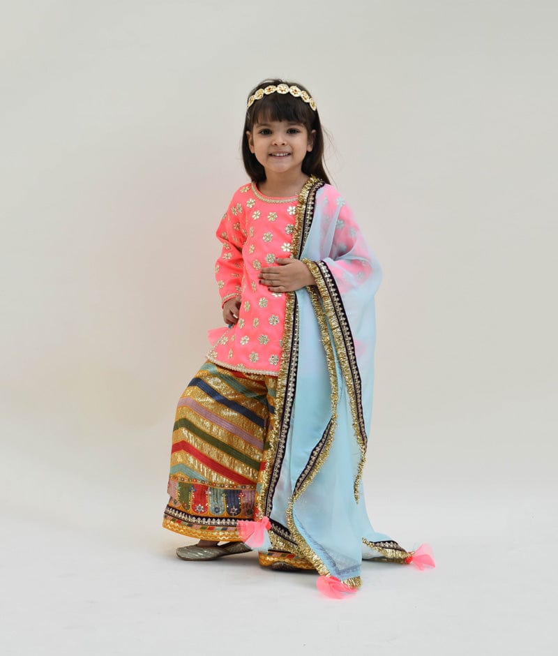 Fayon Kids Pink Silk Embroidery Sharara with Kurti Organza Dupatta for Girls