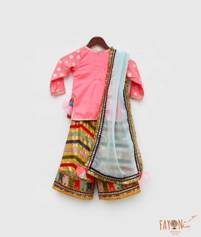 Fayon Kids Pink Silk Embroidery Sharara with Kurti Organza Dupatta for Girls