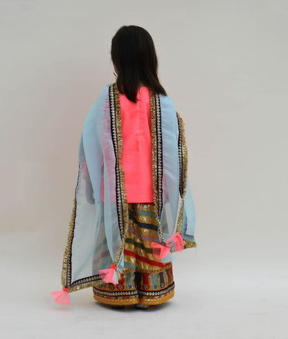 Fayon Kids Pink Silk Kurti with Embroidery Sharara Organza Dupatta for Girls